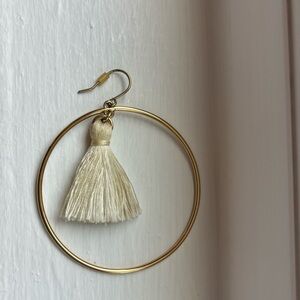 J Crew gold hoops with cream colored tassels